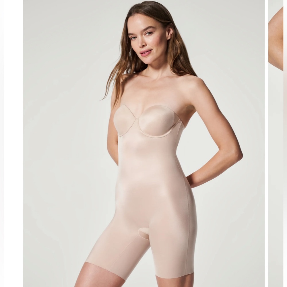 Strapless Cupped Mid-Thigh Bodysuit w/ strap option in Champagne Beige Spanx